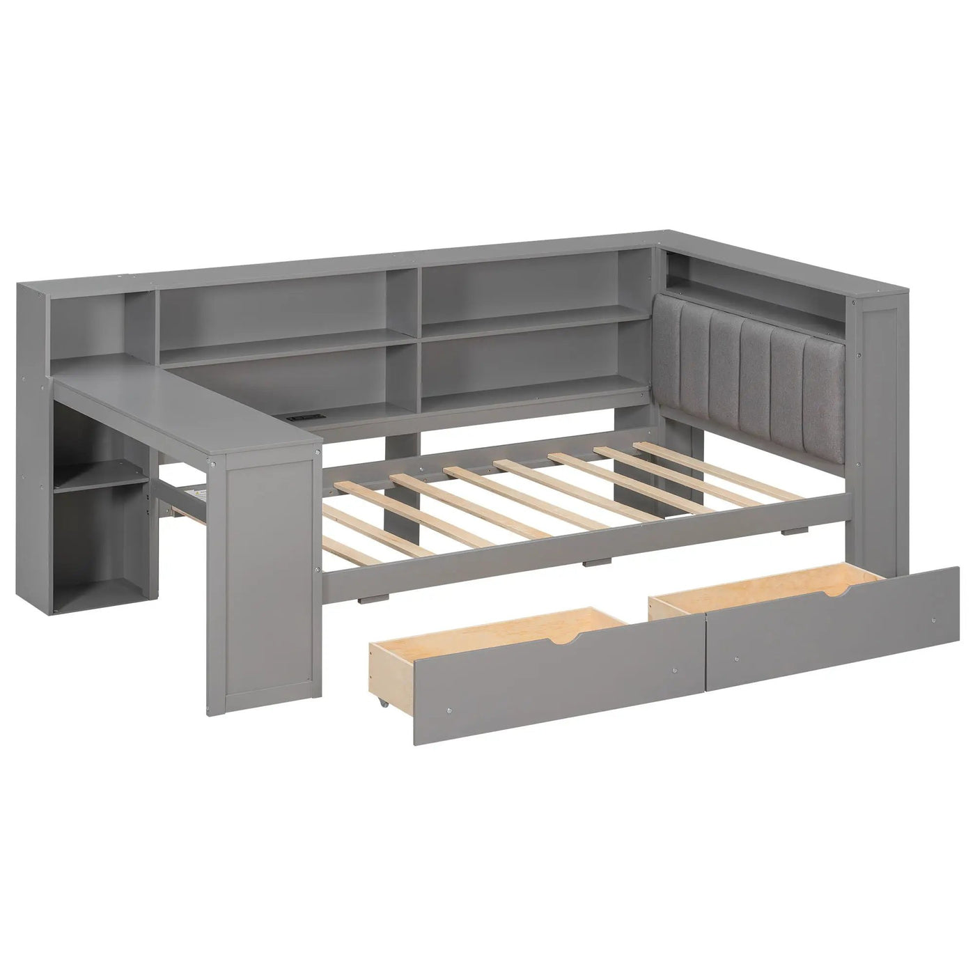 Platform Bed With Upholstered Headboard, Storage Shelves, Drawers, Charging Station, LED Lighting, Built In Desk by HouseOfZazla