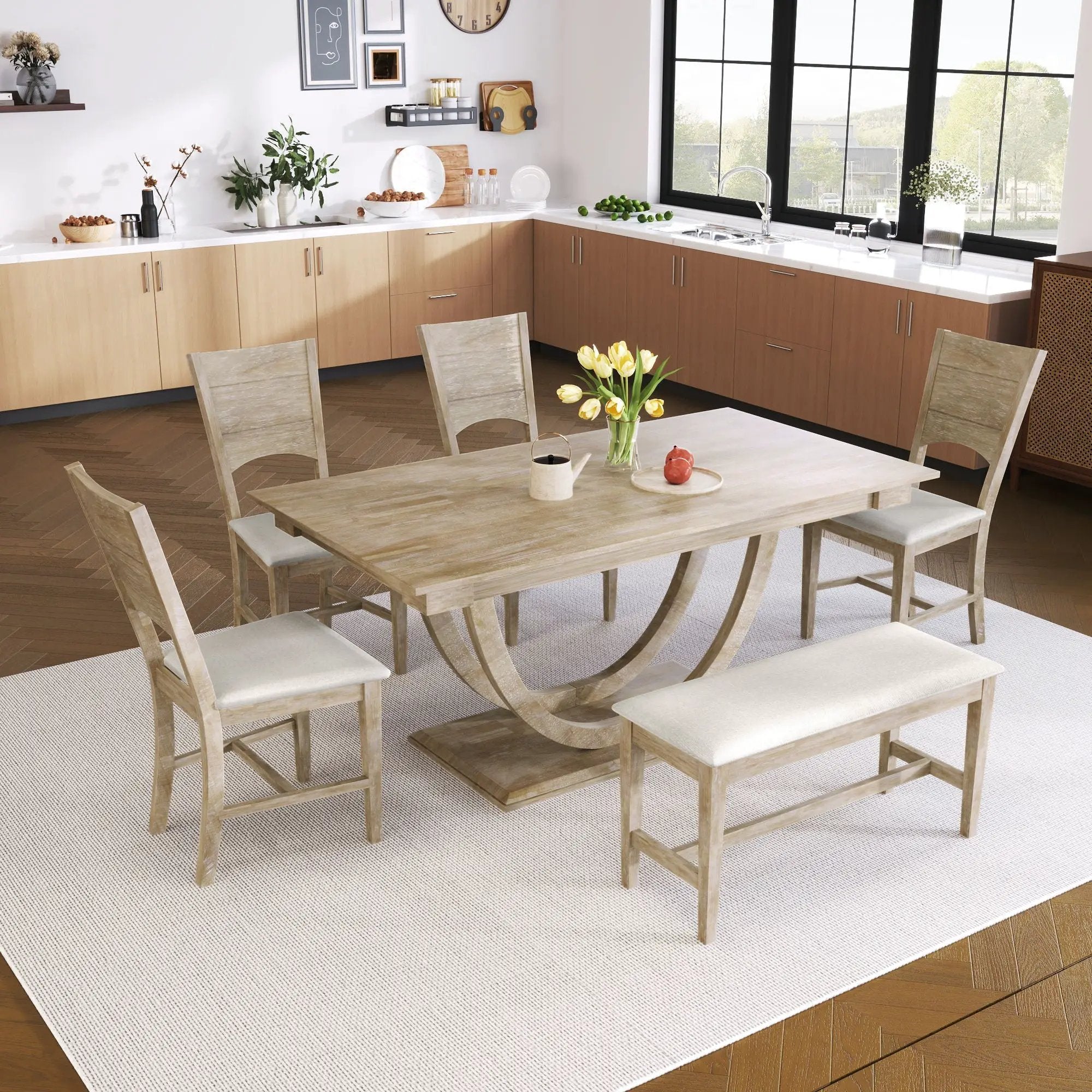 Topmax - 6 Piece Wood Half Round Dining Table Set Kitchen Table Set With Long Bench And 4 Dining Chairs, Modern Style by HouseOfZazla