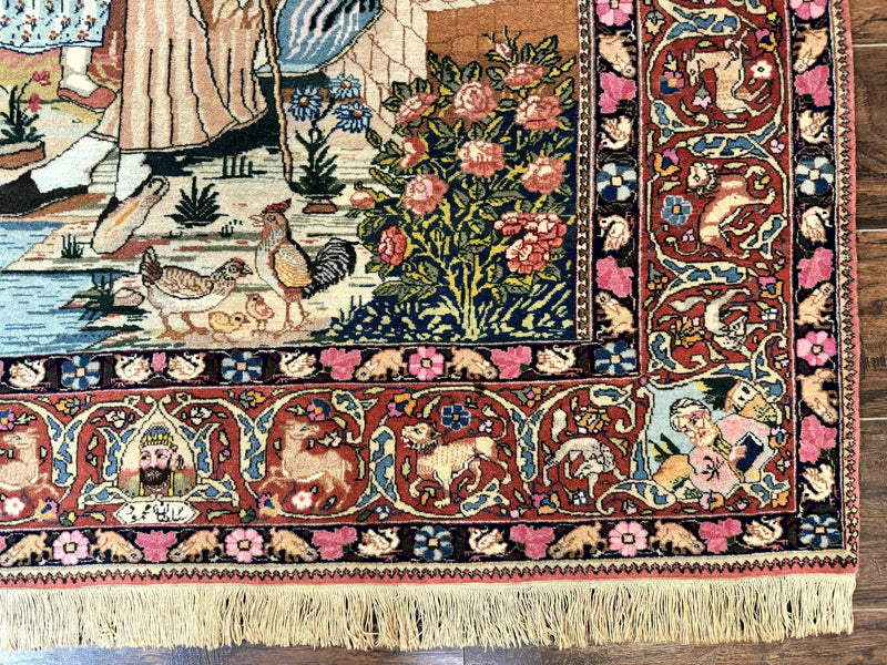 Wonderful Persian Kashan Pictorial Rug 4.7 x 6.5, Persian Rug for Wall Hanging, Handmade Antique Wool Carpet Animal Motifs Poetry Lovers, 240 KPSI by Jewel Rugs