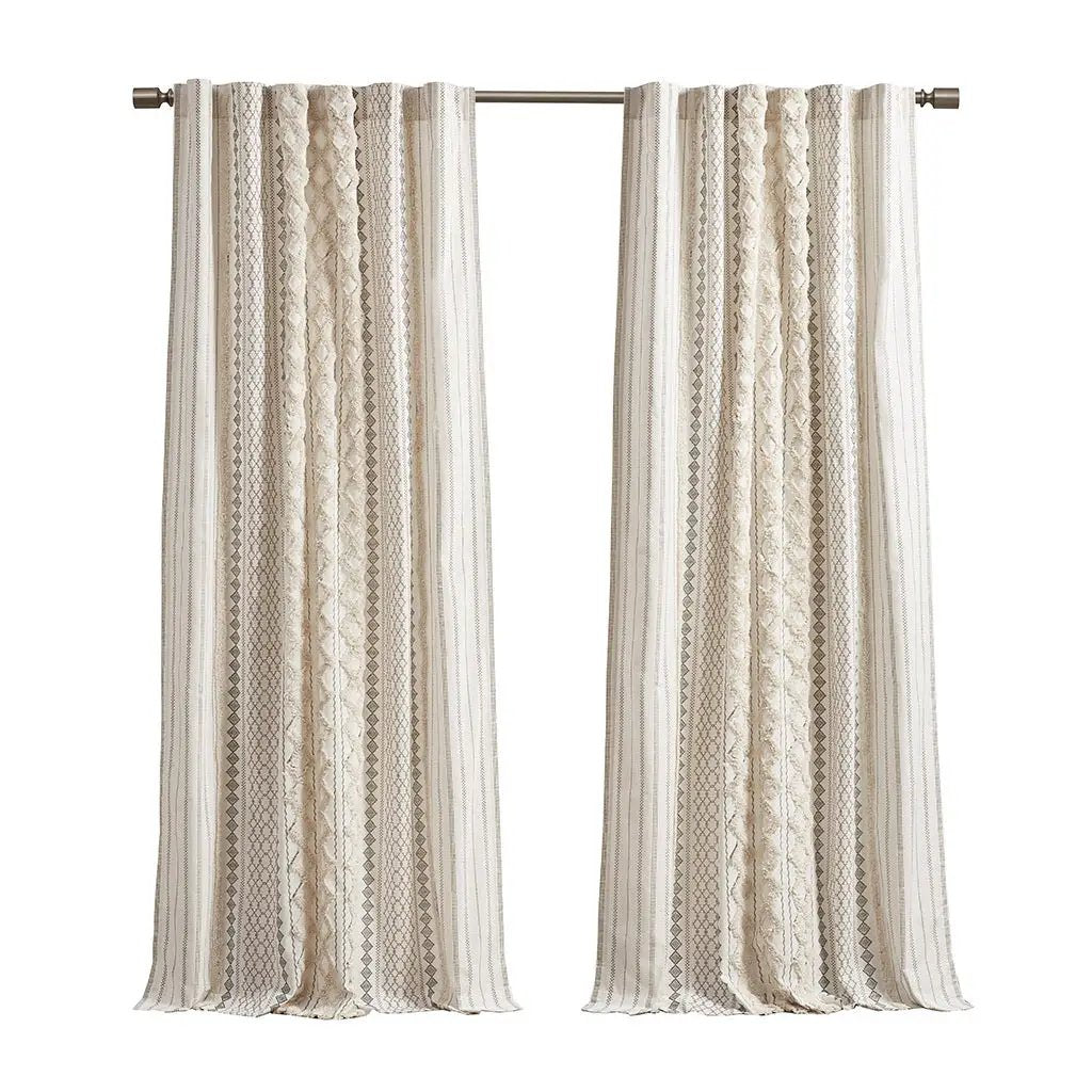 Cotton Printed Curtain Panel with Chenille Stripe and Lining Ivory 50x84 by HouseOfZazla