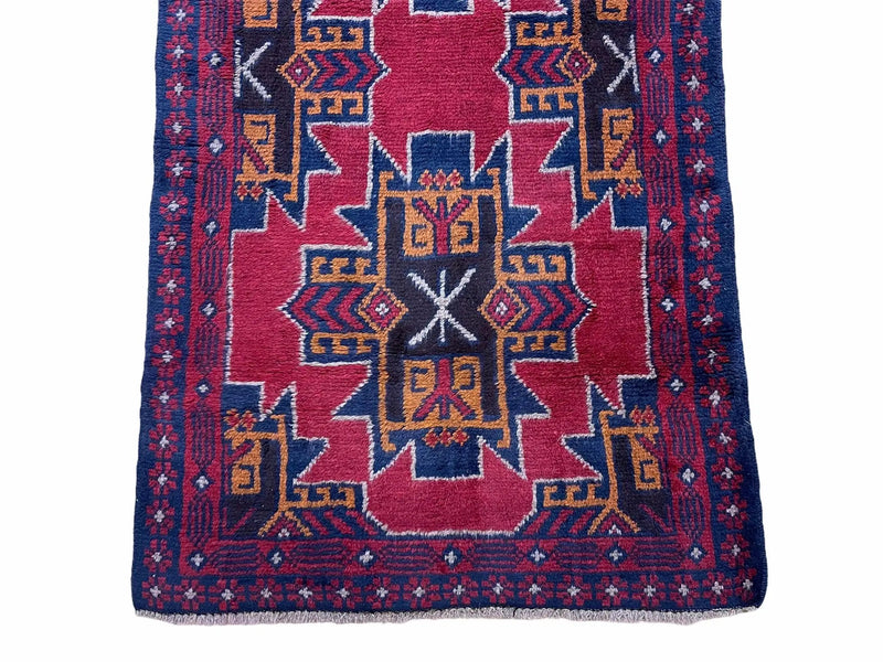 2' 8" X 4' 6" Vintage Handmade Tribal Wool Rug Balouchi Rug Afghan Rug Red Blue by Jewel Rugs
