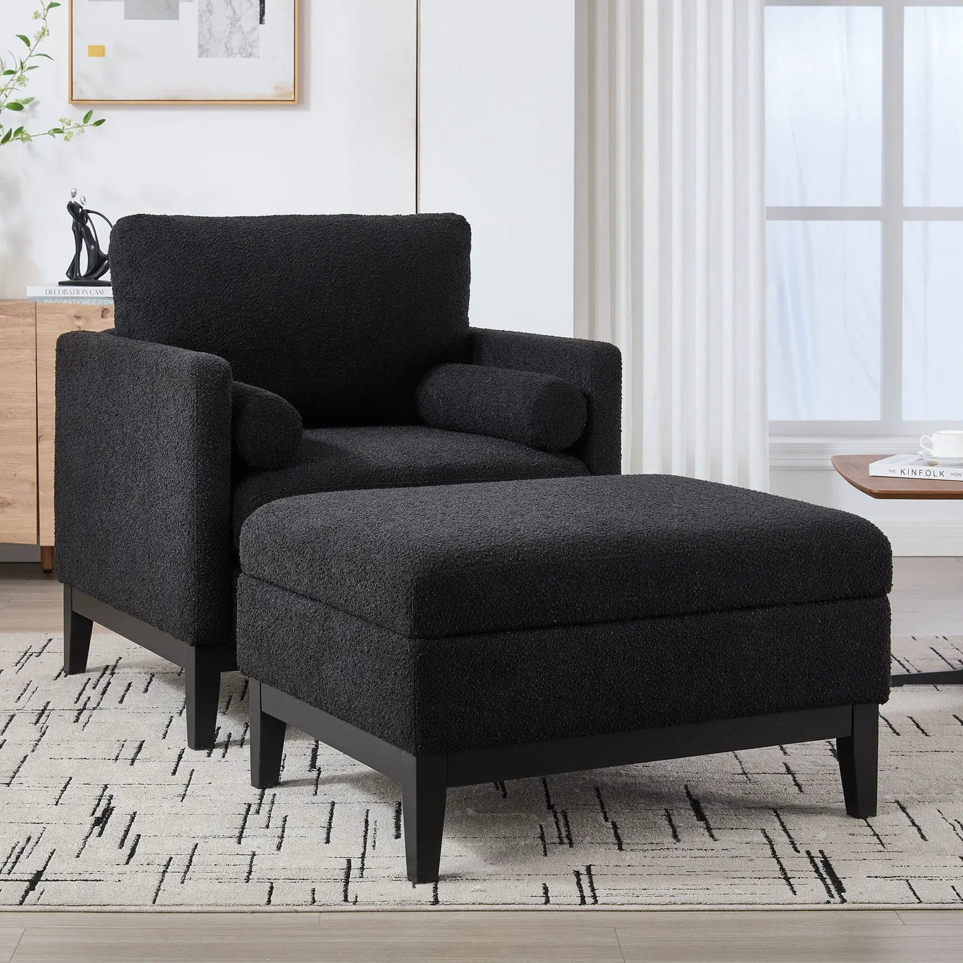 Farmhouse Upholstered Accent Chair With Ottoman, Reversible Lid Coffee Table by HouseOfZazla