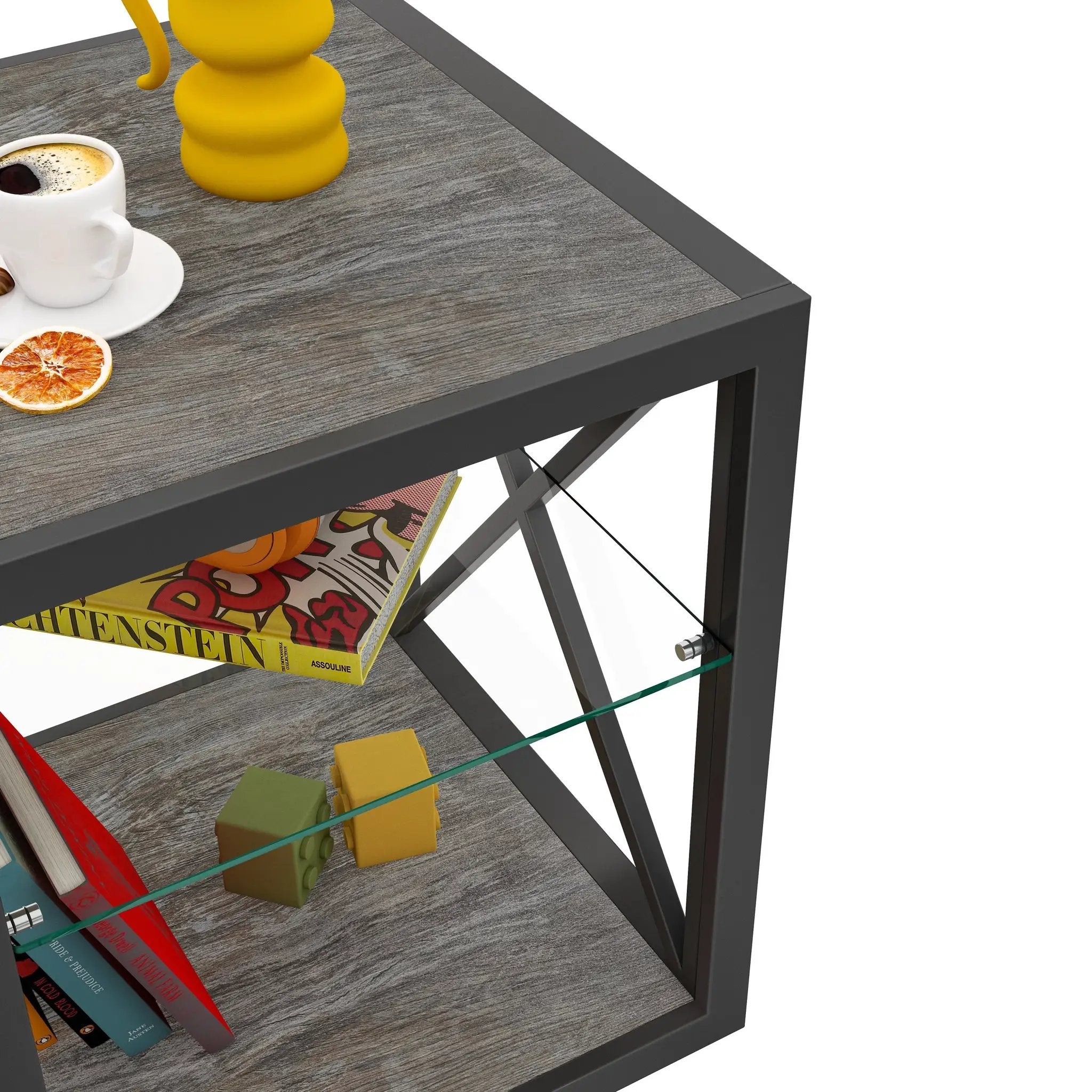 Modern End Table Nightstand with Tempered Glass & Wood Grain MDF by HouseOfZazla