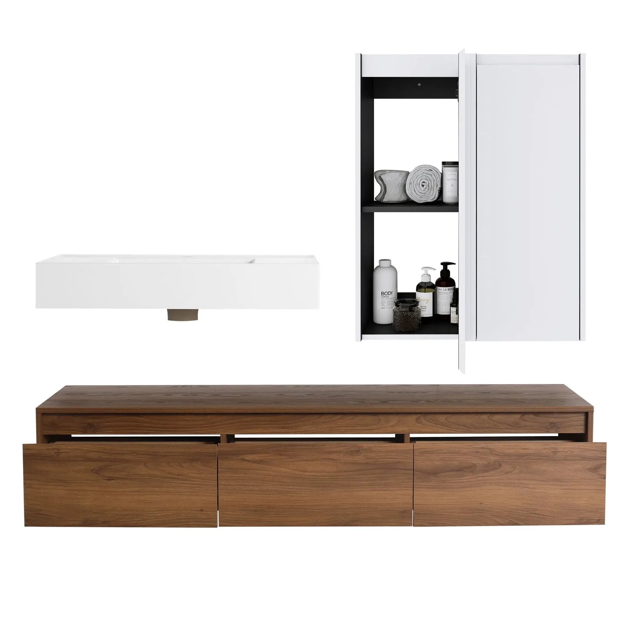 Wall Mounted Bathroom Vanity With Resin Sink And 2 Side Cabinet, 3 Soft Close Drawer - Brown Ebony by HouseOfZazla