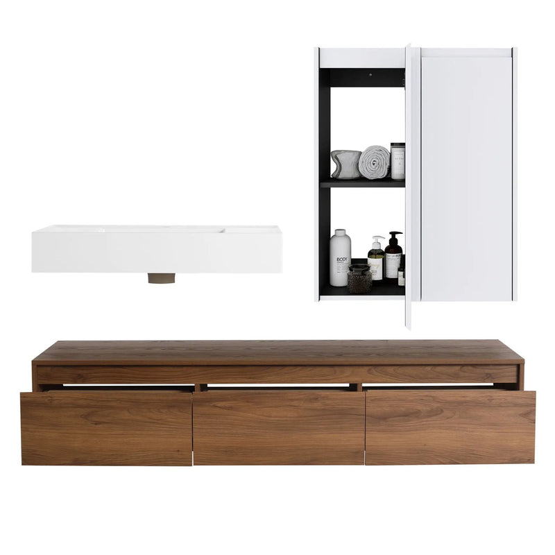 Wall Mounted Bathroom Vanity With Resin Sink And 2 Side Cabinet, 3 Soft Close Drawer - Brown Ebony by HouseOfZazla