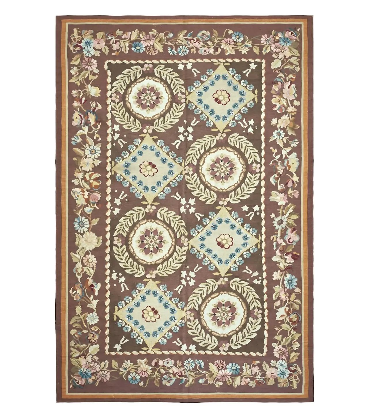 Aubusson Rug 6 x 9 Flat Weave Area Carpet European Design Flowers New Brown Rug Handmade Wool Hand-Knotted Aubusson Weave Medium Rug 6x9 by Jewel Rugs