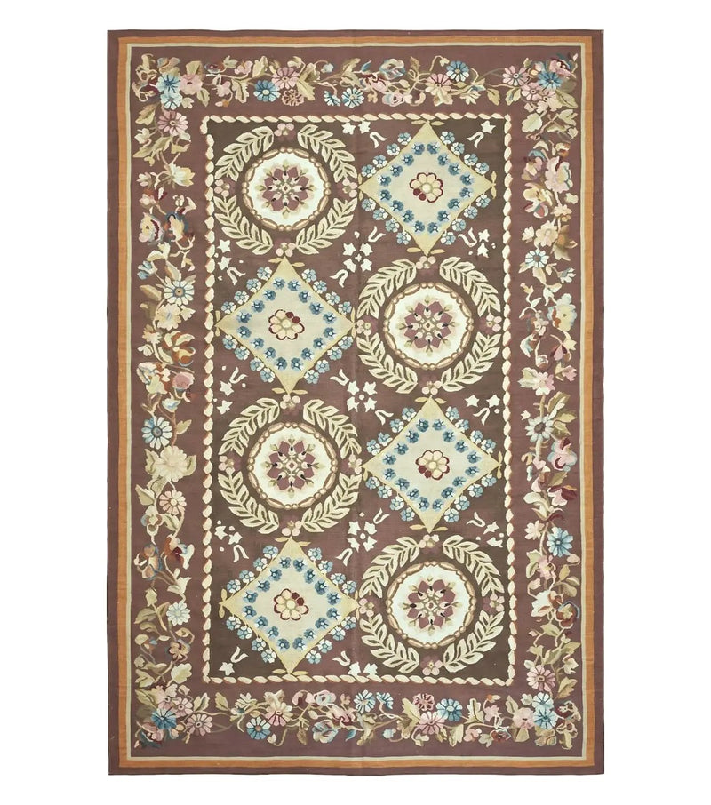 Aubusson Rug 6 x 9 Flat Weave Area Carpet European Design Flowers New Brown Rug Handmade Wool Hand-Knotted Aubusson Weave Medium Rug 6x9 by Jewel Rugs