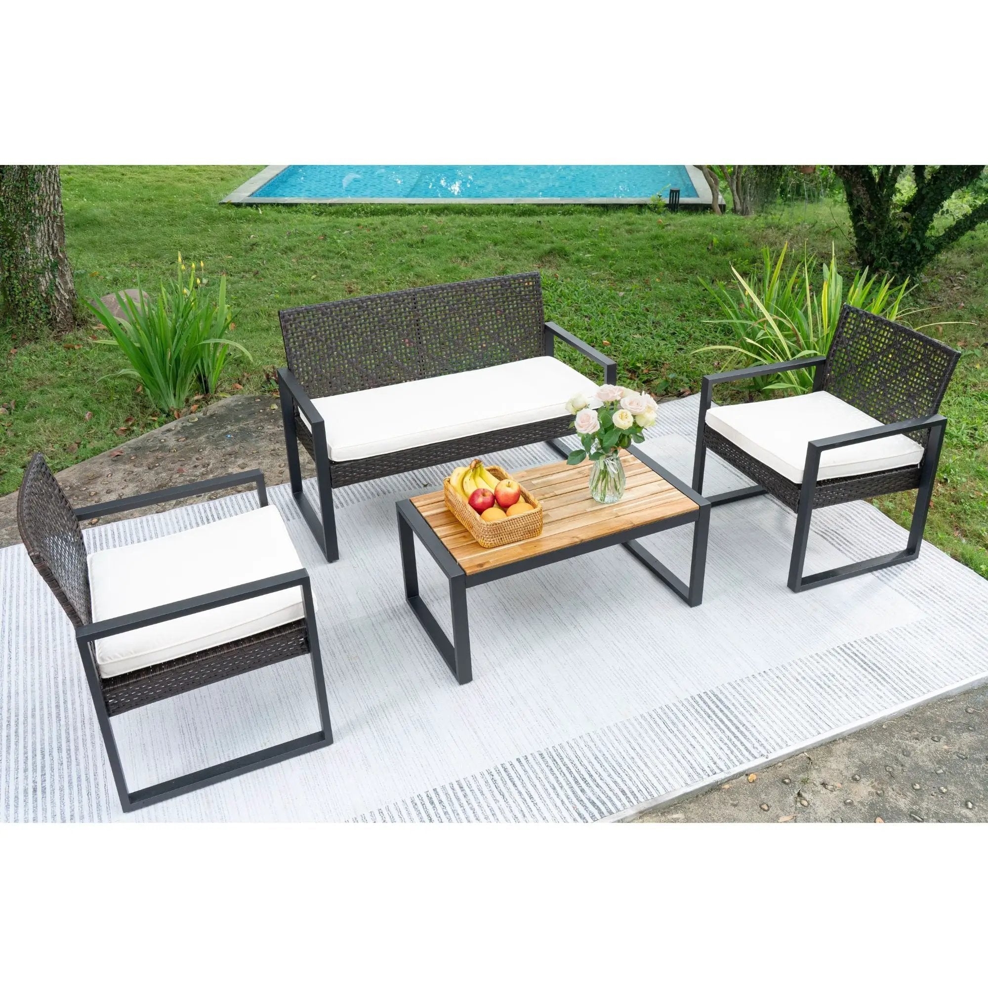 4 Piece Patio Furniture Set With Acacia Wood Table Top And Cushions by HouseOfZazla