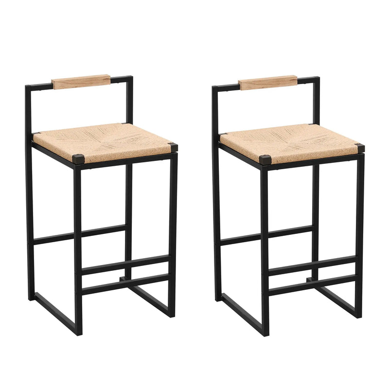 Stylish (Set of 2) Bar Stools With Backrest And Paper Rope Woven Seat, Counter Height Dining Chairs For Kitchen - Natural by HouseOfZazla