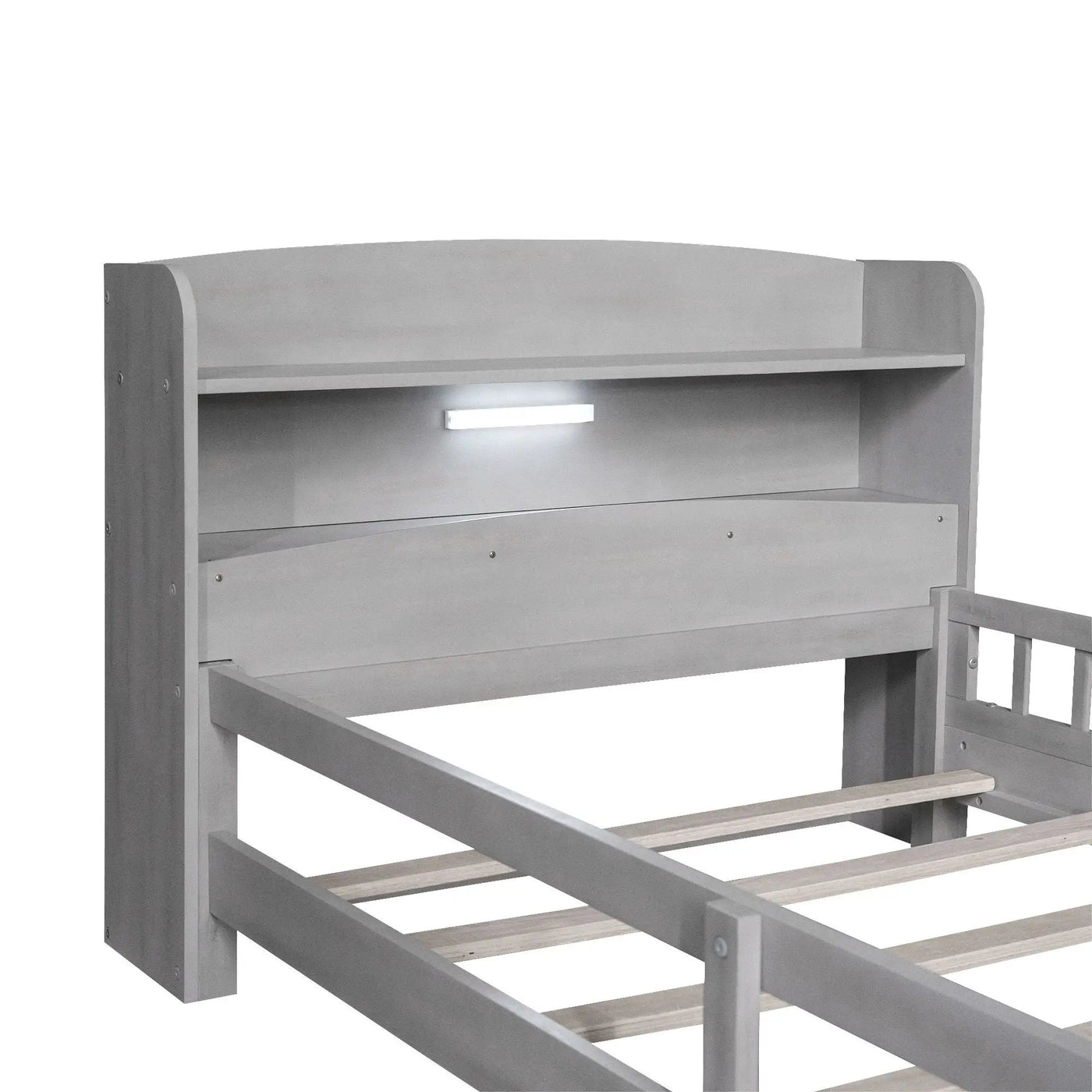 Wood Platform Bed With Built In LED Light, Storage Headboard And Guardrail by HouseOfZazla