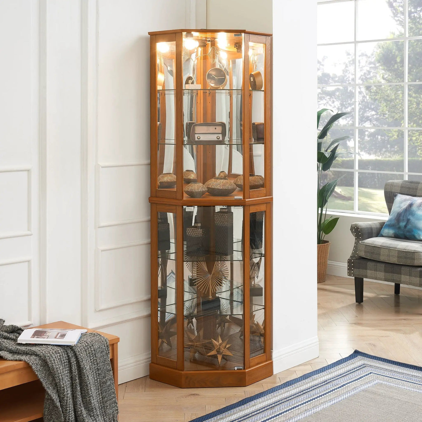6 Shelf Corner Curio Display Cabinet With Lights, Mirrors And Adjustable Shelves by HouseOfZazla