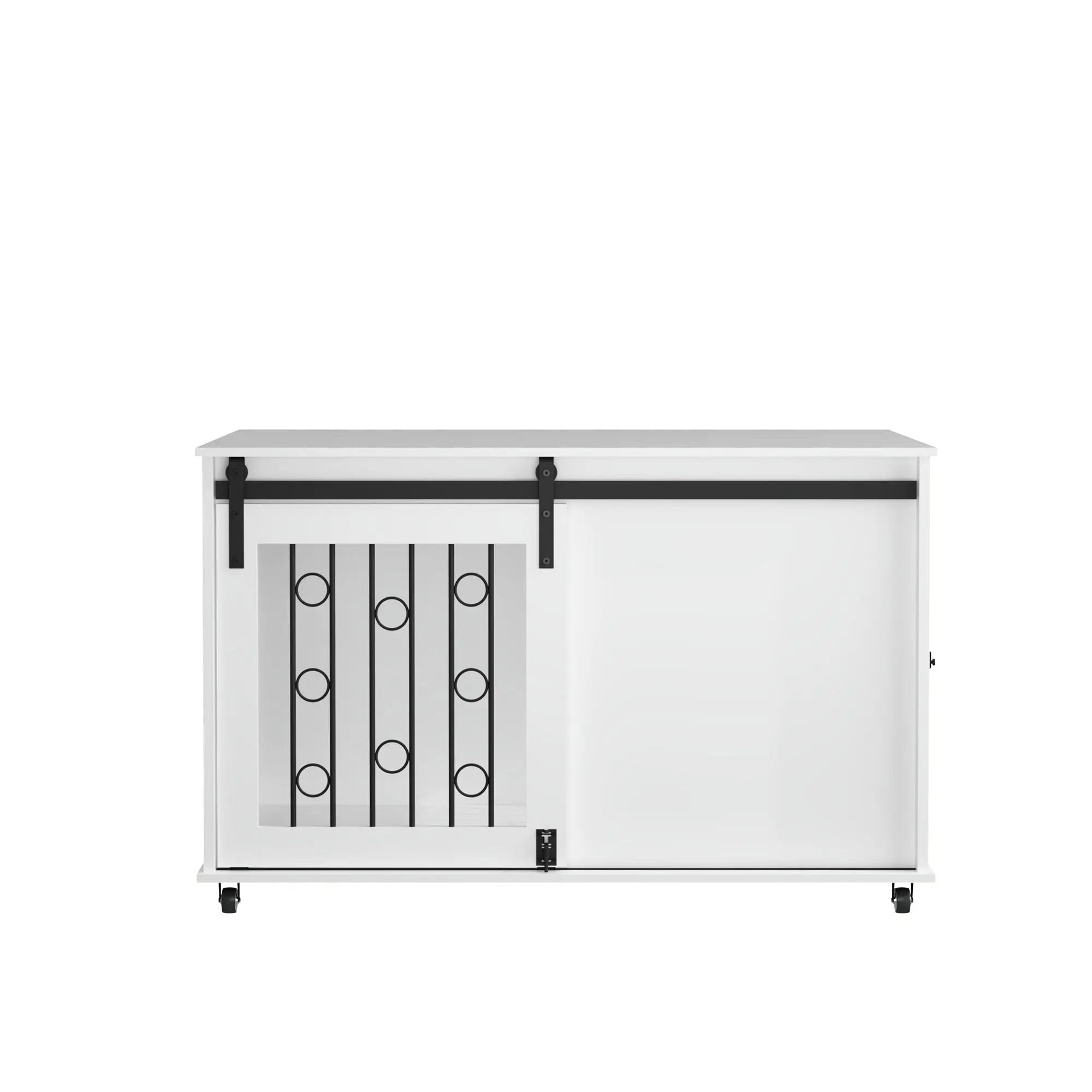 Dog Crate With Sliding Barn Door and Side Access, Lockable Wheels for Small to Medium Dogs - White by HouseOfZazla