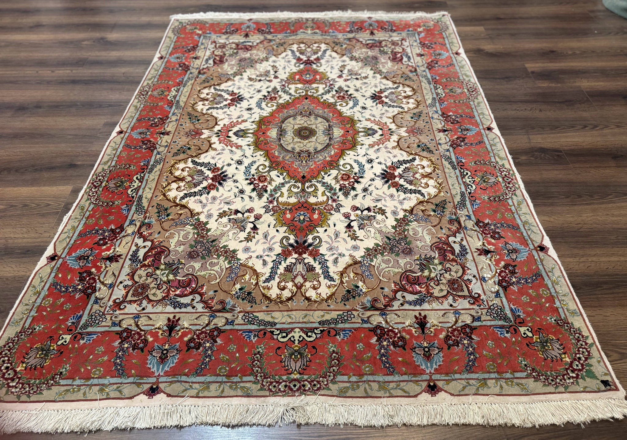 Wonderful Persian Tabriz Rug 5x7, Very Fine 440 KPSI, Ivory and Coral, Rare by Jewel Rugs