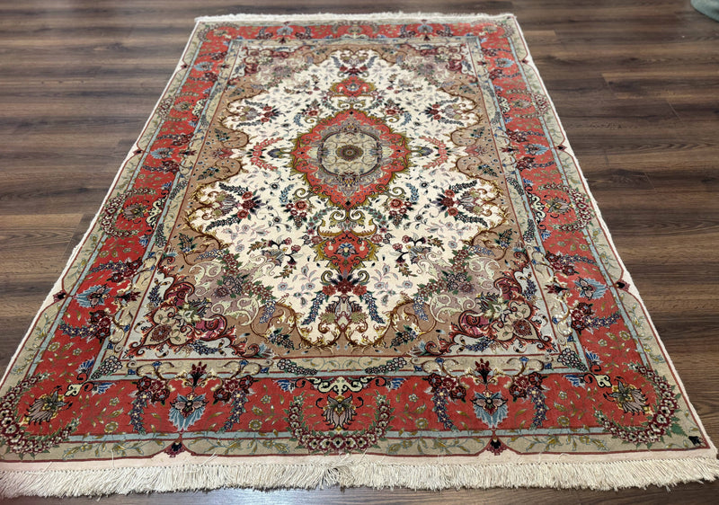 Wonderful Persian Tabriz Rug 5x7, Very Fine 440 KPSI, Ivory and Coral, Rare by Jewel Rugs
