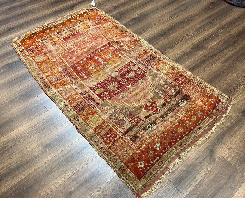 Antique Turkish Melas Rug 4x7, Tribal Geometric Unique Collectible Hand Knotted Wool Oriental Carpet, Rare 1920s Rug, Burnt Orange Red by Jewel Rugs