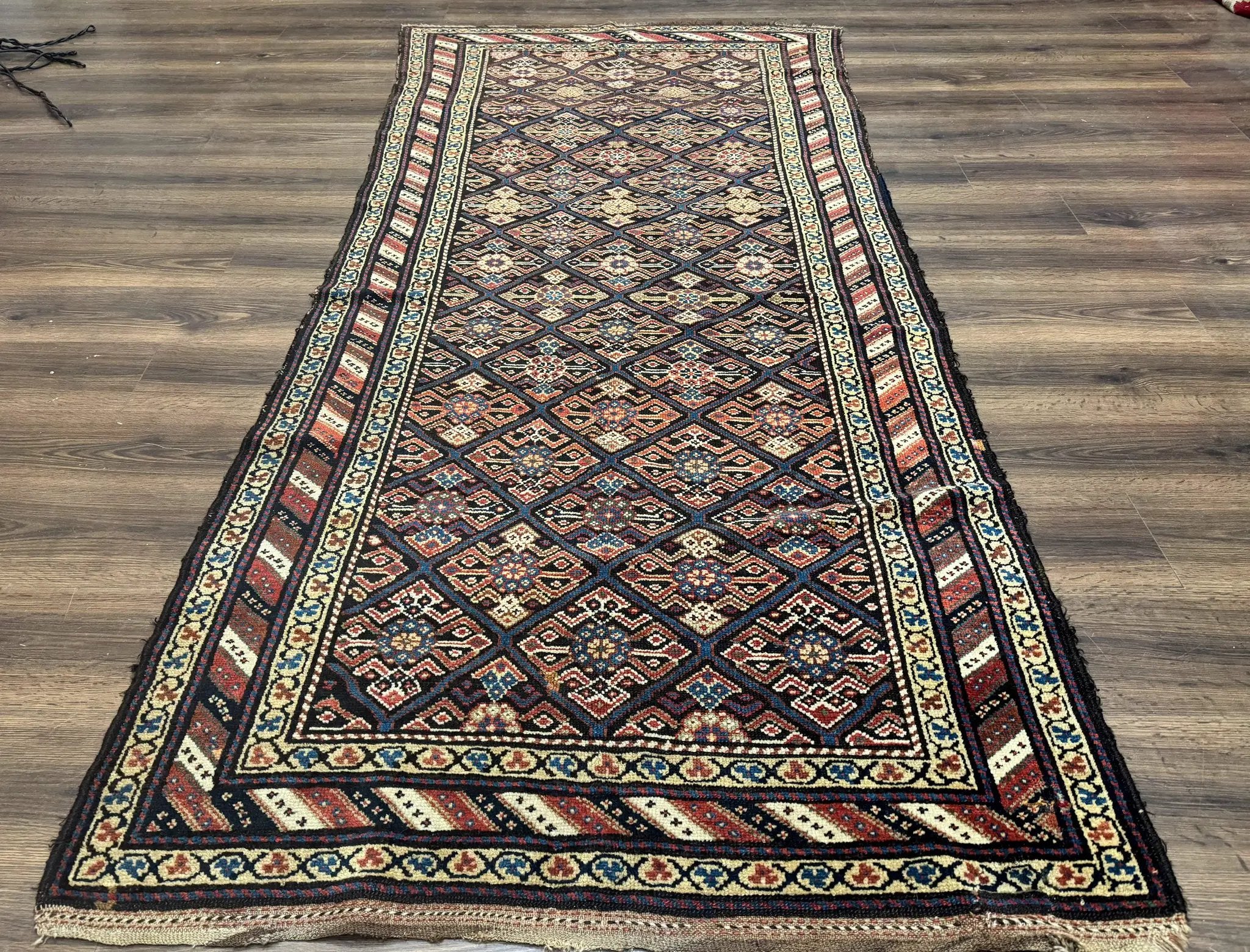 Antique Persian Wide Runner Rug 4x9, Kurdish Rug, Panel Design, Rainbow Border, Rare Tribal Rug by Jewel Rugs