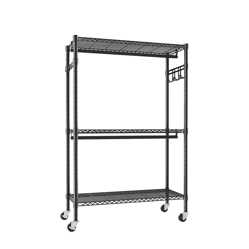 Heavy Duty Rolling Clothes Rack With 3 Tier Shelves, 2 Rails & Side Hooks by HouseOfZazla