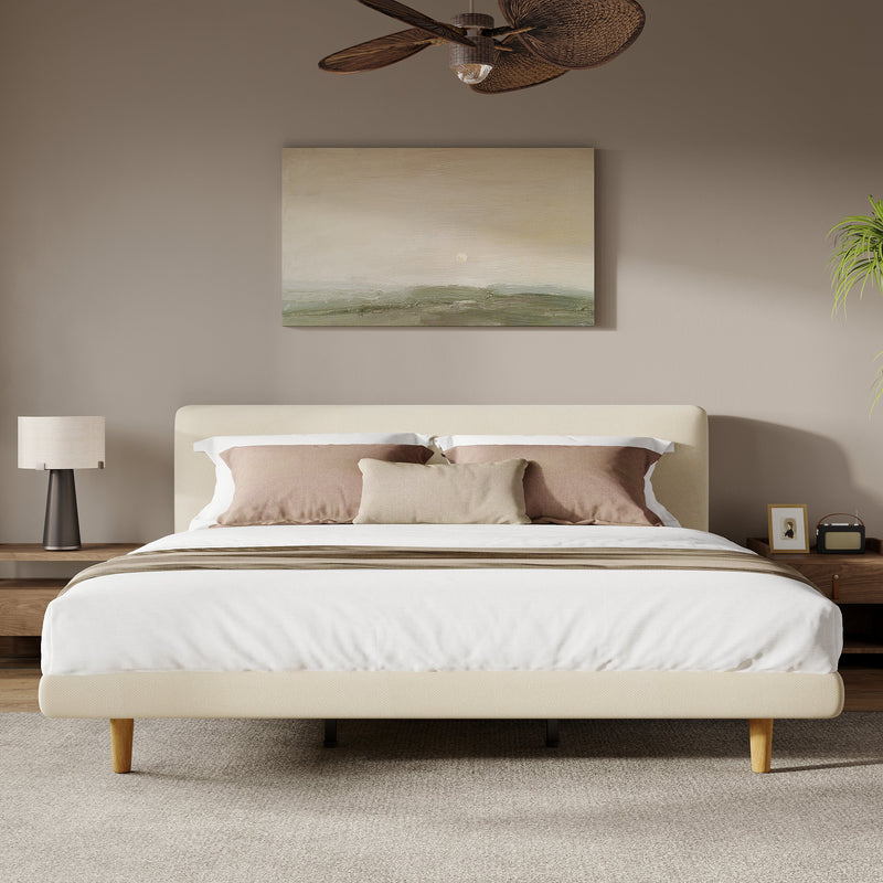 Beige Chunky Headboard Bed Frame with Solid Rubberwood Legs, Cal-King by HouseOfZazla