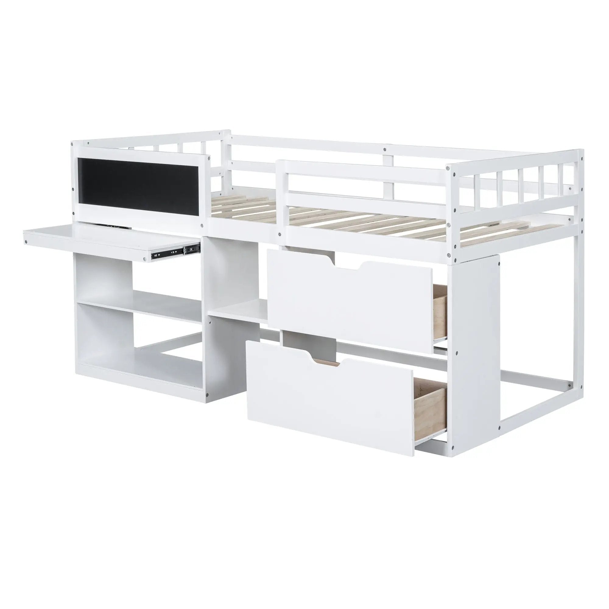 Low Loft Bed With Rolling Desk, Shelf And Drawers by HouseOfZazla