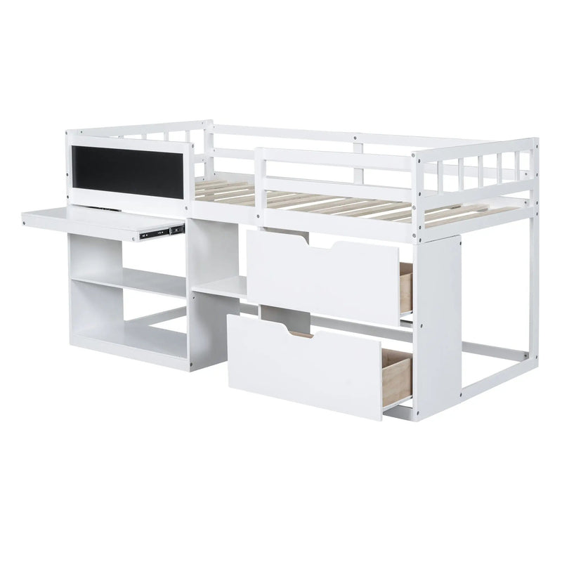 Low Loft Bed With Rolling Desk, Shelf And Drawers by HouseOfZazla