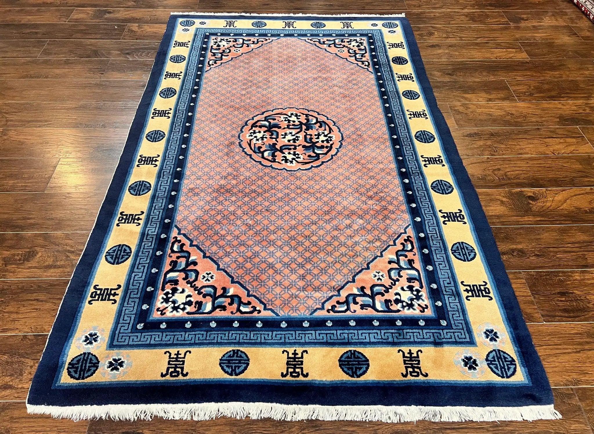 Chinese Peking Rug 5x8, Vintage Semi Antique Chinese Art Deco Carpet, Wool Pile Light Red/Salmon Gold Navy Blue, Handmade Asian Oriental Rug by Jewel Rugs