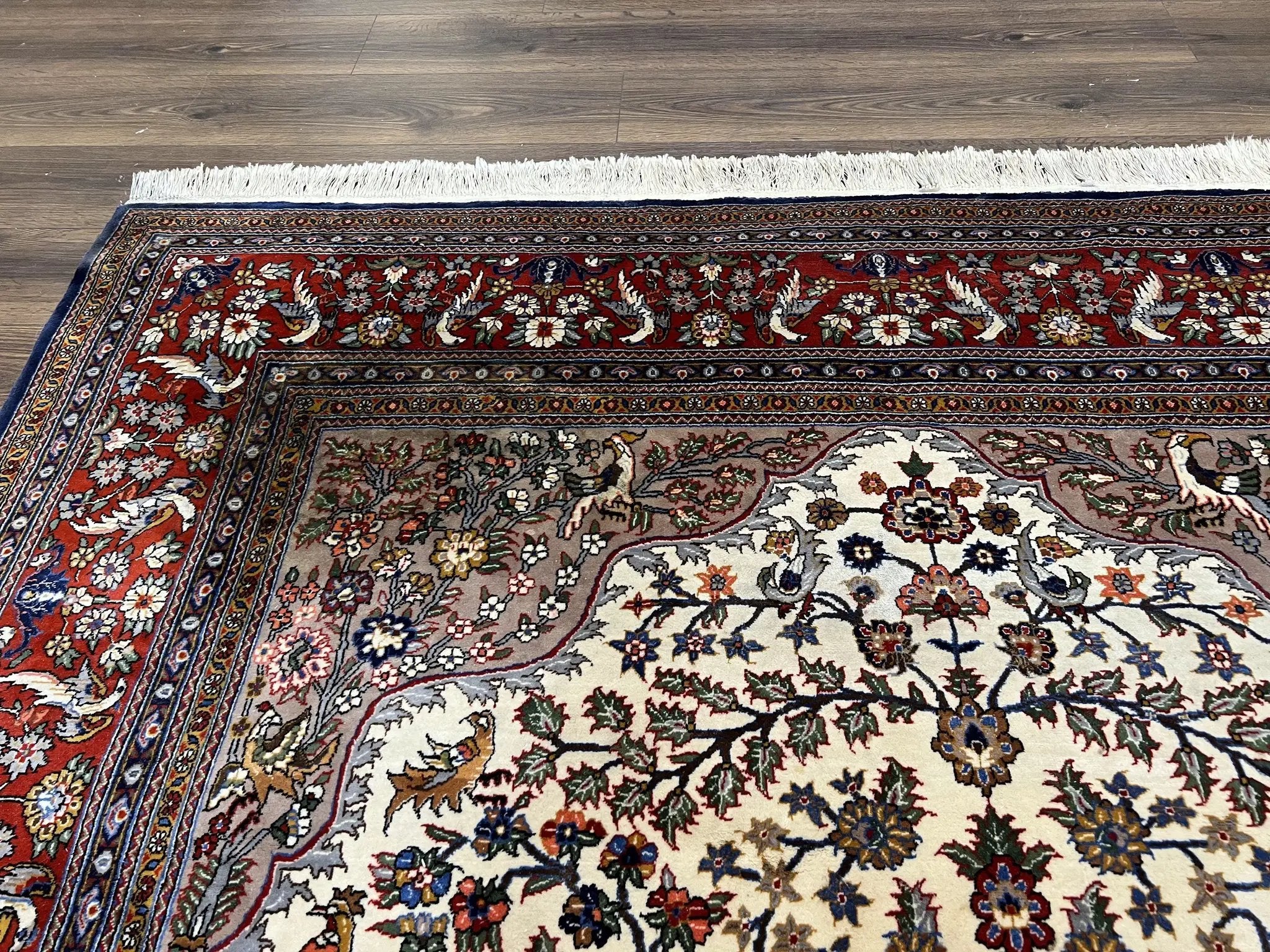 Beautiful Sino Persian Rug 7x10, Circle of Life Tree of Life Rug, Birds, Cream Red Navy Blue Taupe, Wool Silk Accents, Hand Knotted Vintage by Jewel Rugs