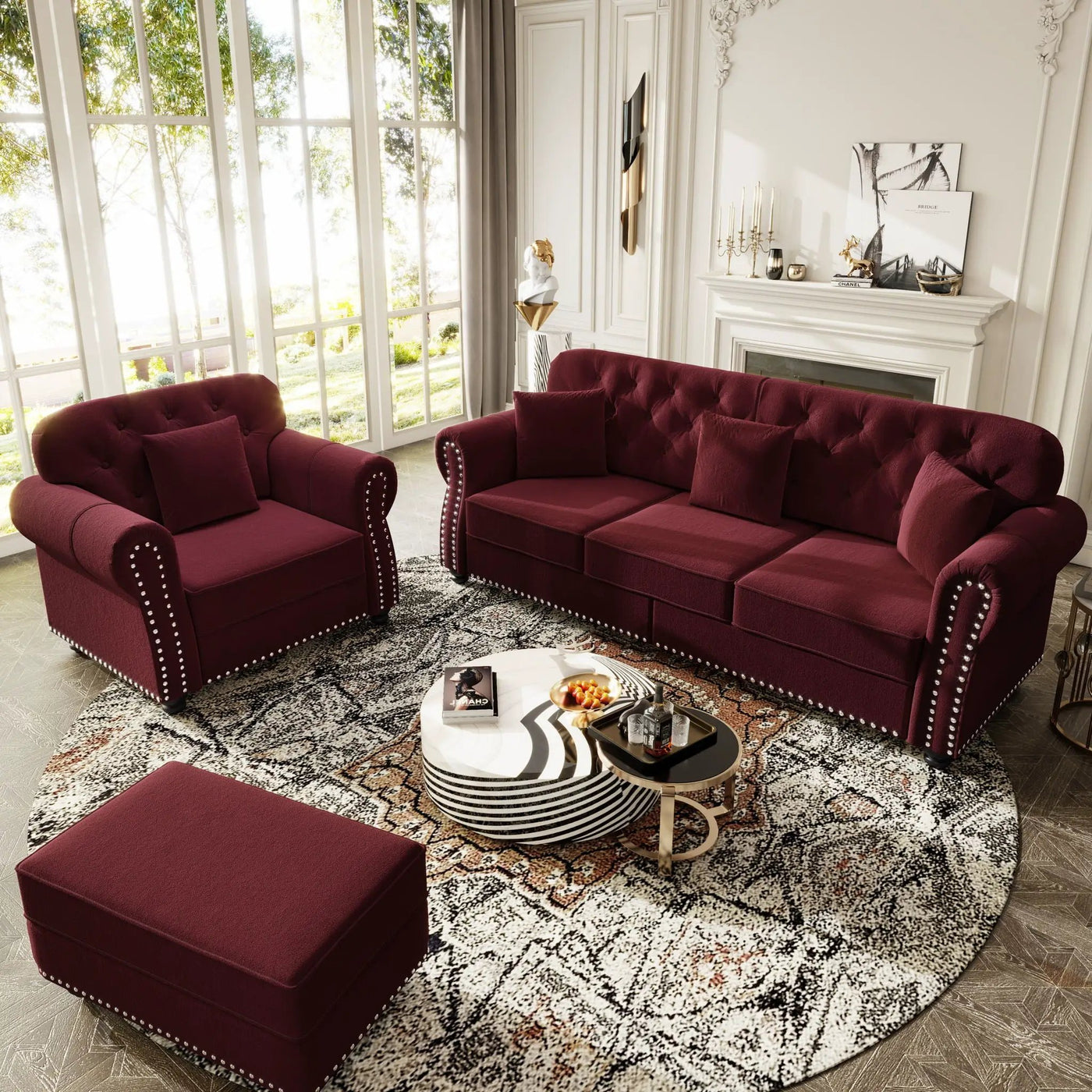 Upholstered Sofa Set With Nailhead Trim And Rolled Armrests, Includes Pillows by HouseOfZazla