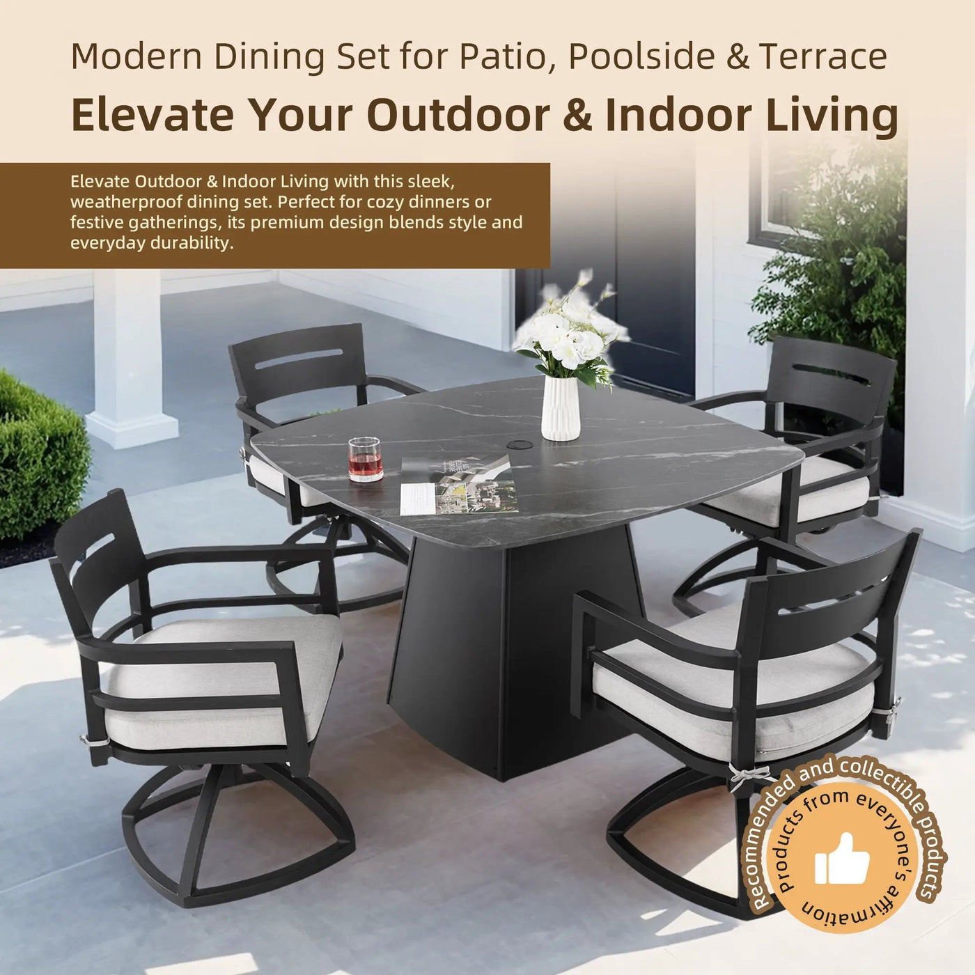 Outdoor Patio Dining Set, Squircle Dining Table, Dining Chairs With Sunbrella Cushions by Unique Piece Furniture