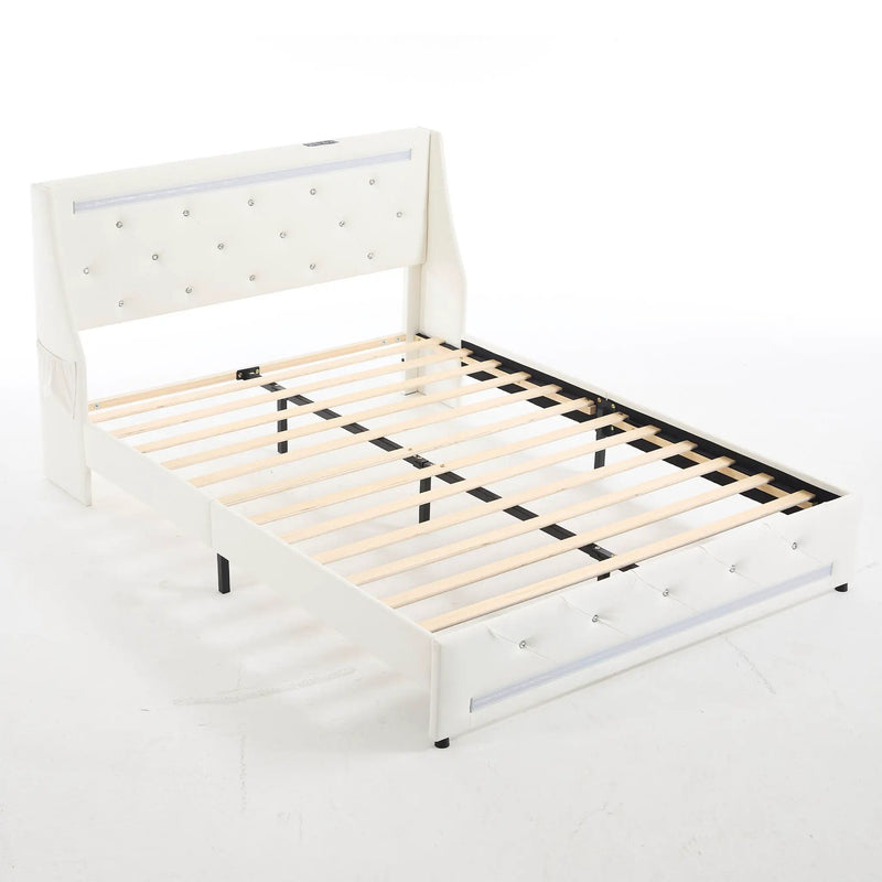 Wingback Upholstered Bed Frame With LED Lights, Charging Station by HouseOfZazla