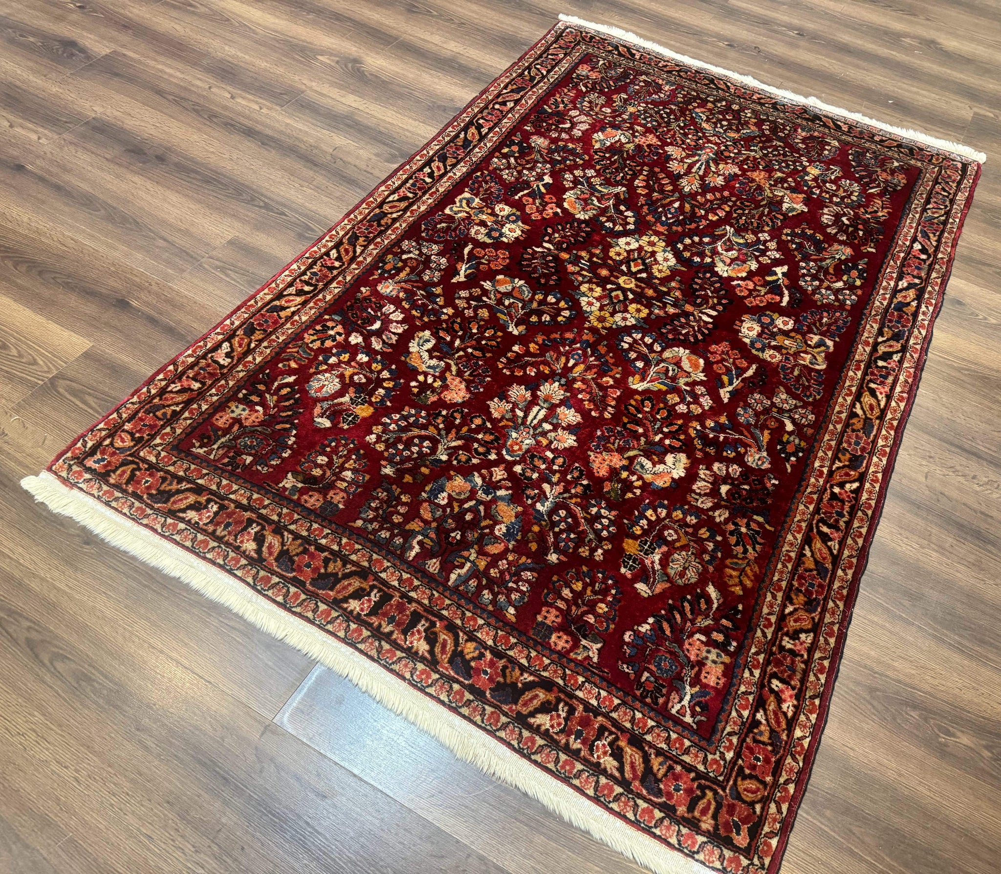 Antique Persian Sarouk Rug 4x6, Floral, Red, Wool Hand Knotted Fine 225 KPSI by Jewel Rugs
