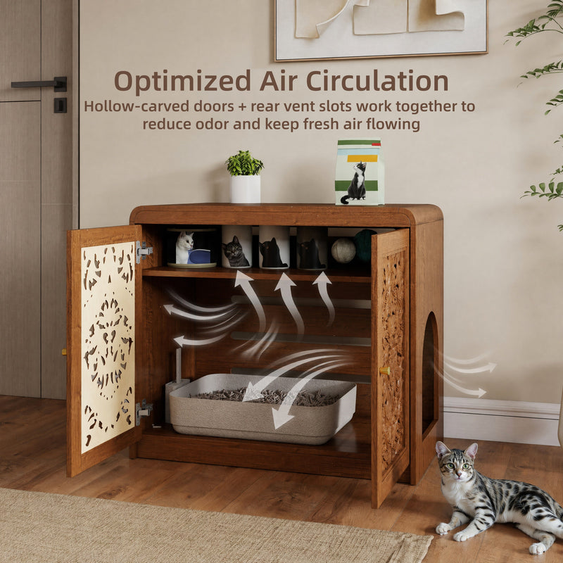 Walnut Cat Litter Box Enclosure Cabinet with Vent & Carved Doors - Walnut, photo 9 of 10