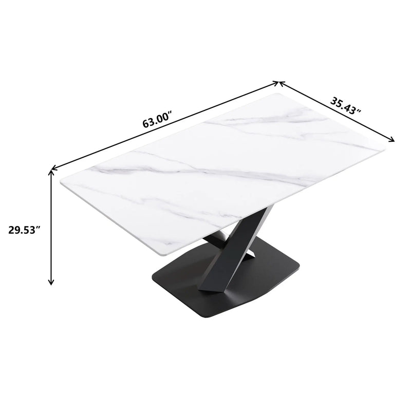 63" Modern Artificial Stone Straight Edge Metal X-Leg Dining Table, 6 People - White / Black by Unique Piece Furniture