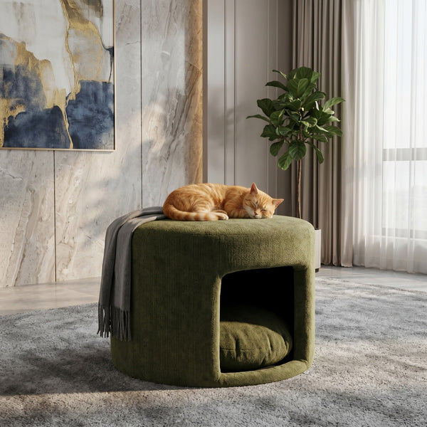 Green Pet Friendly Ottoman with Removable Pet Cushion and Hidden Pet Nook