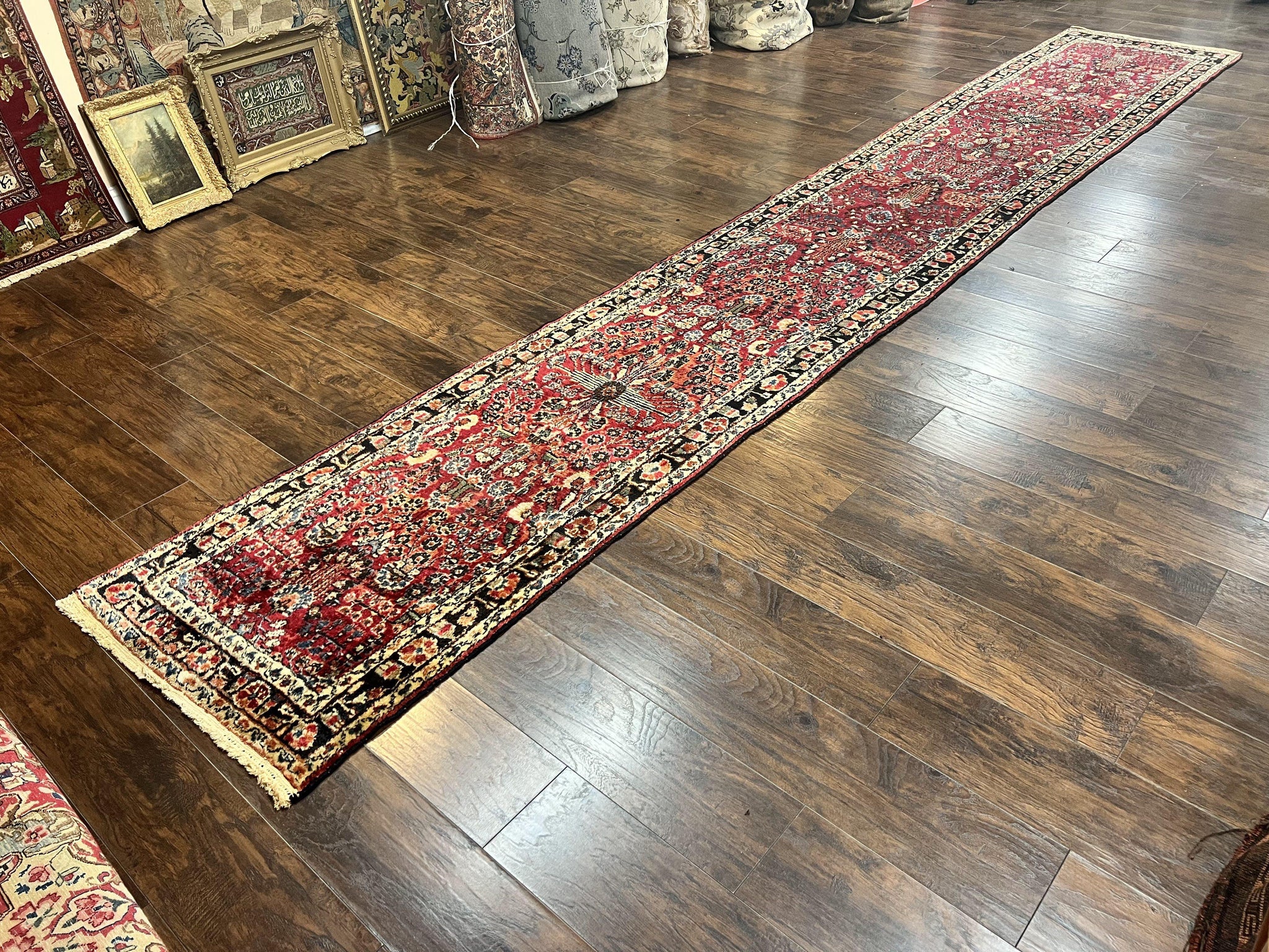 Antique Persian Runner Rug 2.9 x 17, Rare Sarouk Runner, Handmade Wool Rug for Hallway, Red, Floral by Jewel Rugs