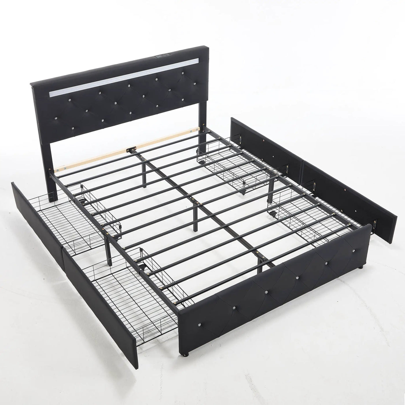Upholstered Bed Frame With LED Lights, 4 Storage Drawers, Charging Station by HouseOfZazla