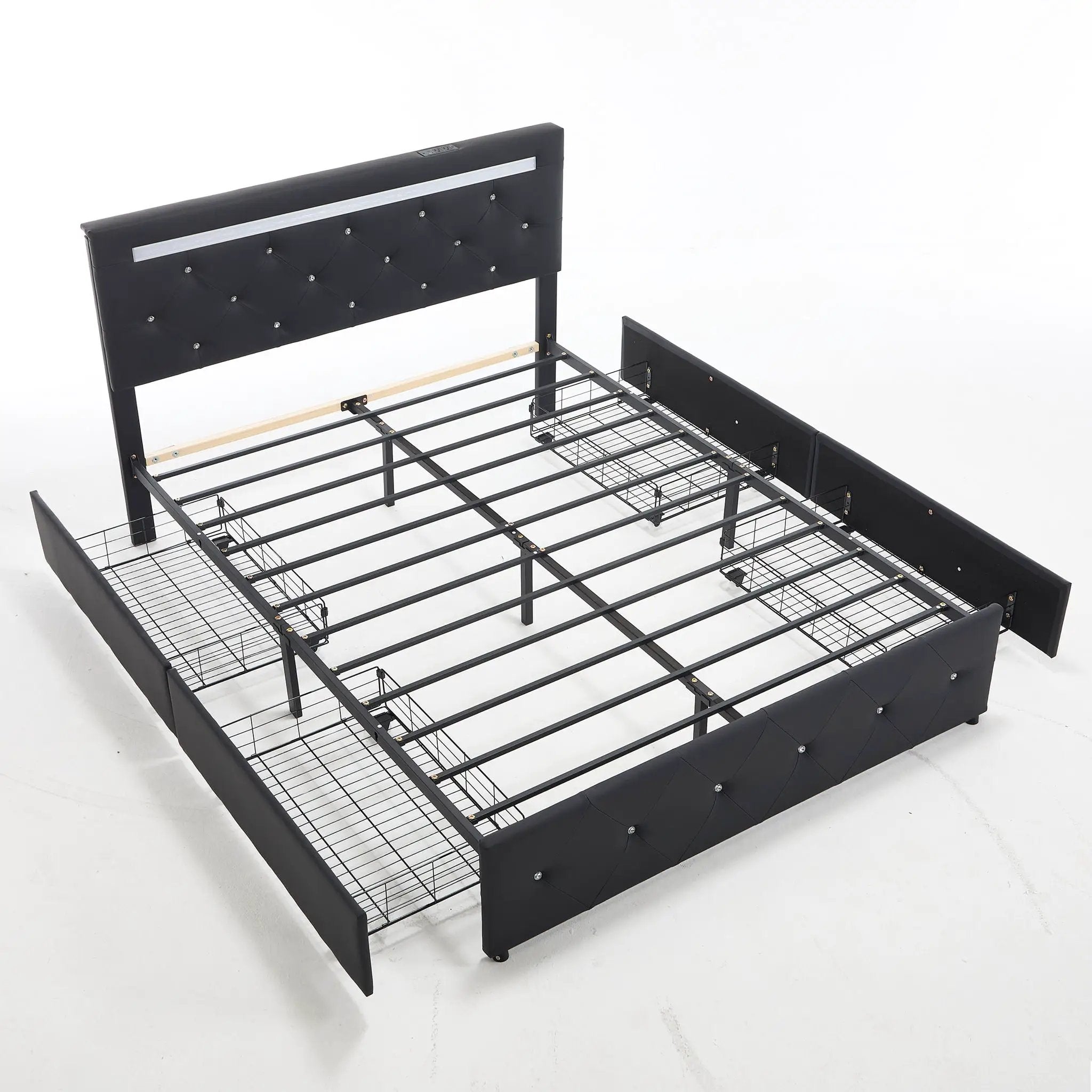 Upholstered Bed Frame With LED Lights, 4 Storage Drawers, Charging Station by HouseOfZazla