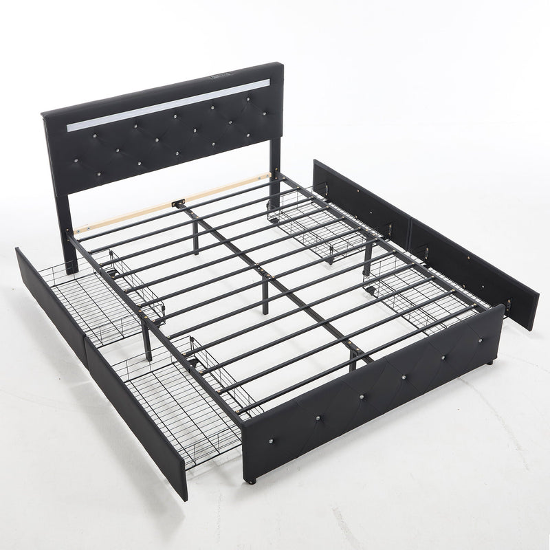 Upholstered Bed Frame With LED Lights, 4 Storage Drawers, Charging Station by HouseOfZazla