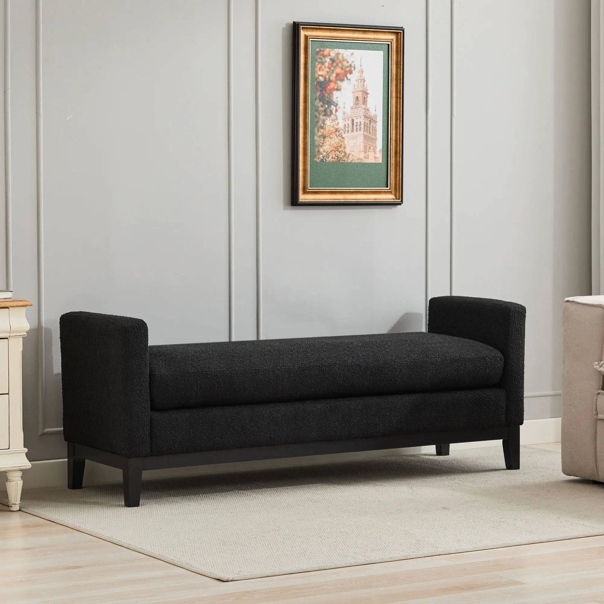 Elegant Upholstered Bench, Daybed, Ottoman With Wood Legs & 2 Bolster Pillows - Black Boucle by HouseOfZazla