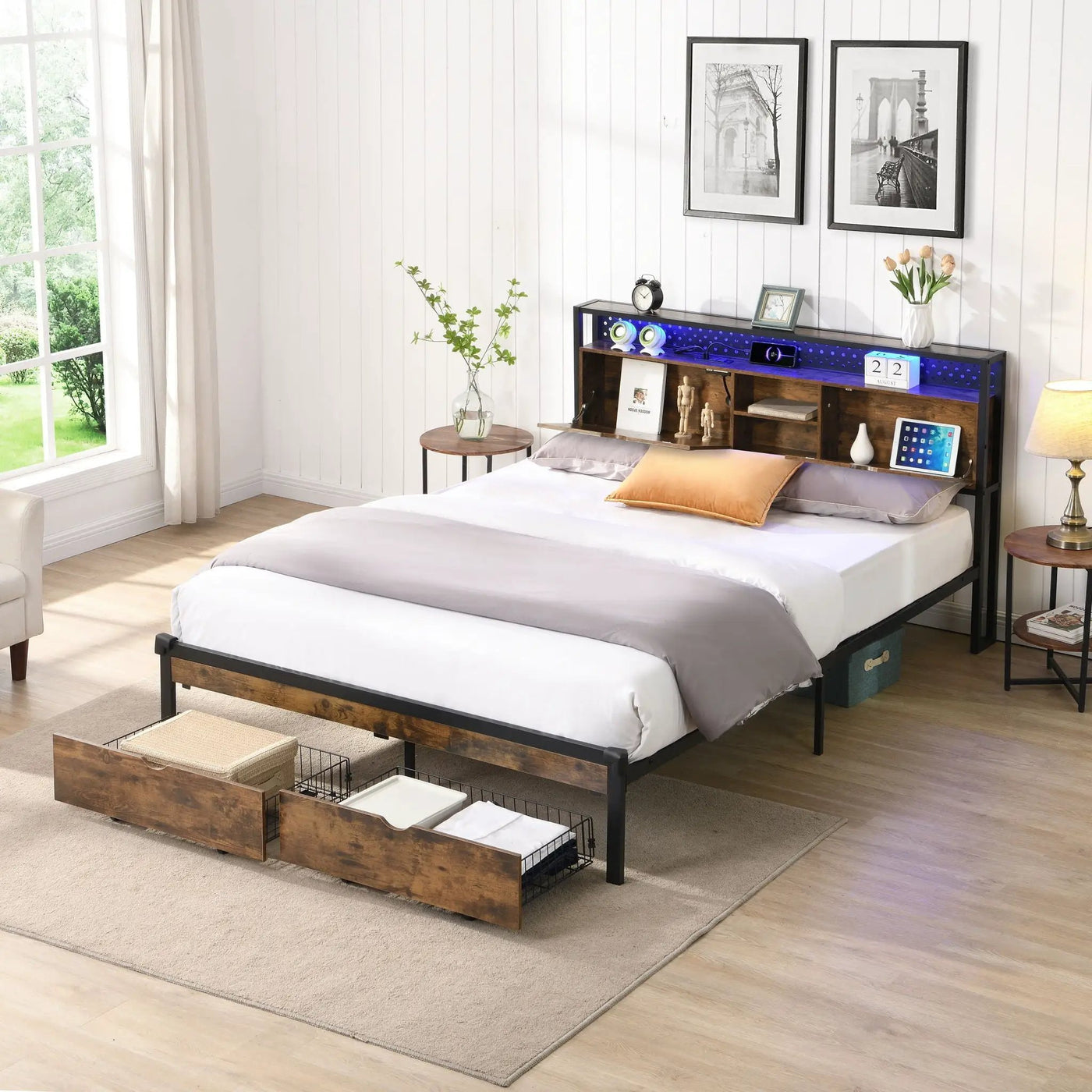 Modern Metal Platform Bed Frame with Wooden Headboard and Storage by HouseOfZazla