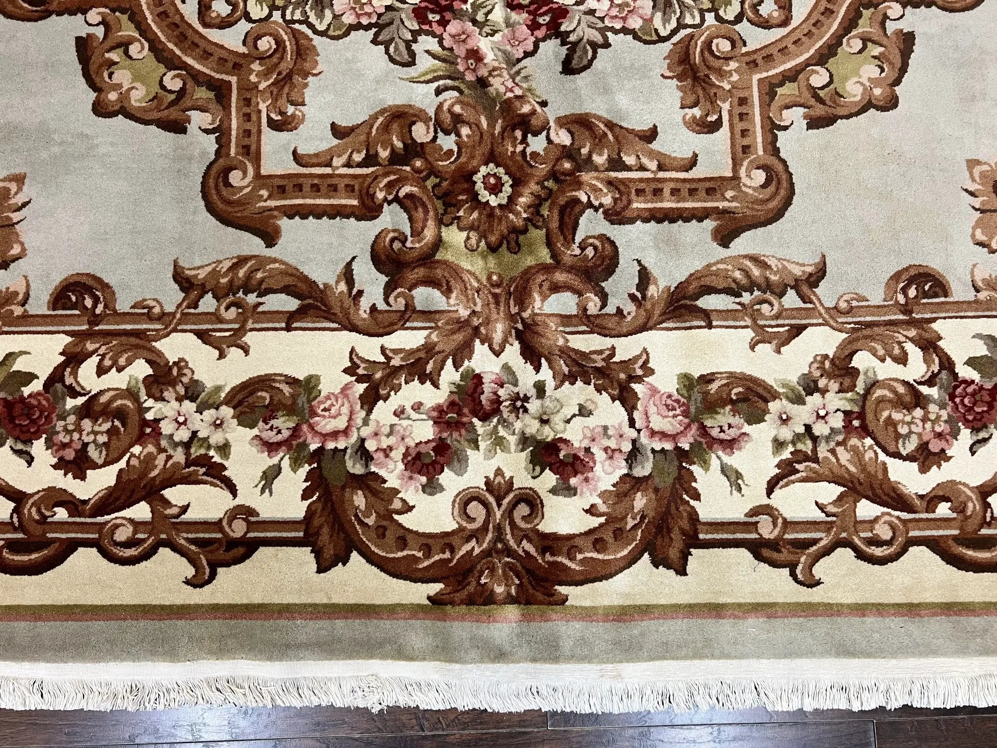 Aubusson Rug 10x13, Cream and Light Mint Green Hand Knotted Handmade French Savonnerie European Carpet, Wool Pile, Large Room Sized Vintage by Jewel Rugs
