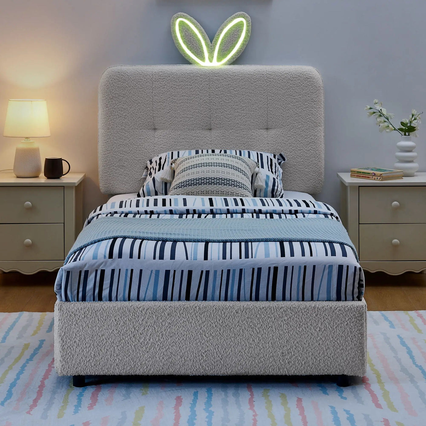 Upholstered Bed With Oversized Rabbit Ear Headboard, LED Lights & 4 Storage Drawers by HouseOfZazla