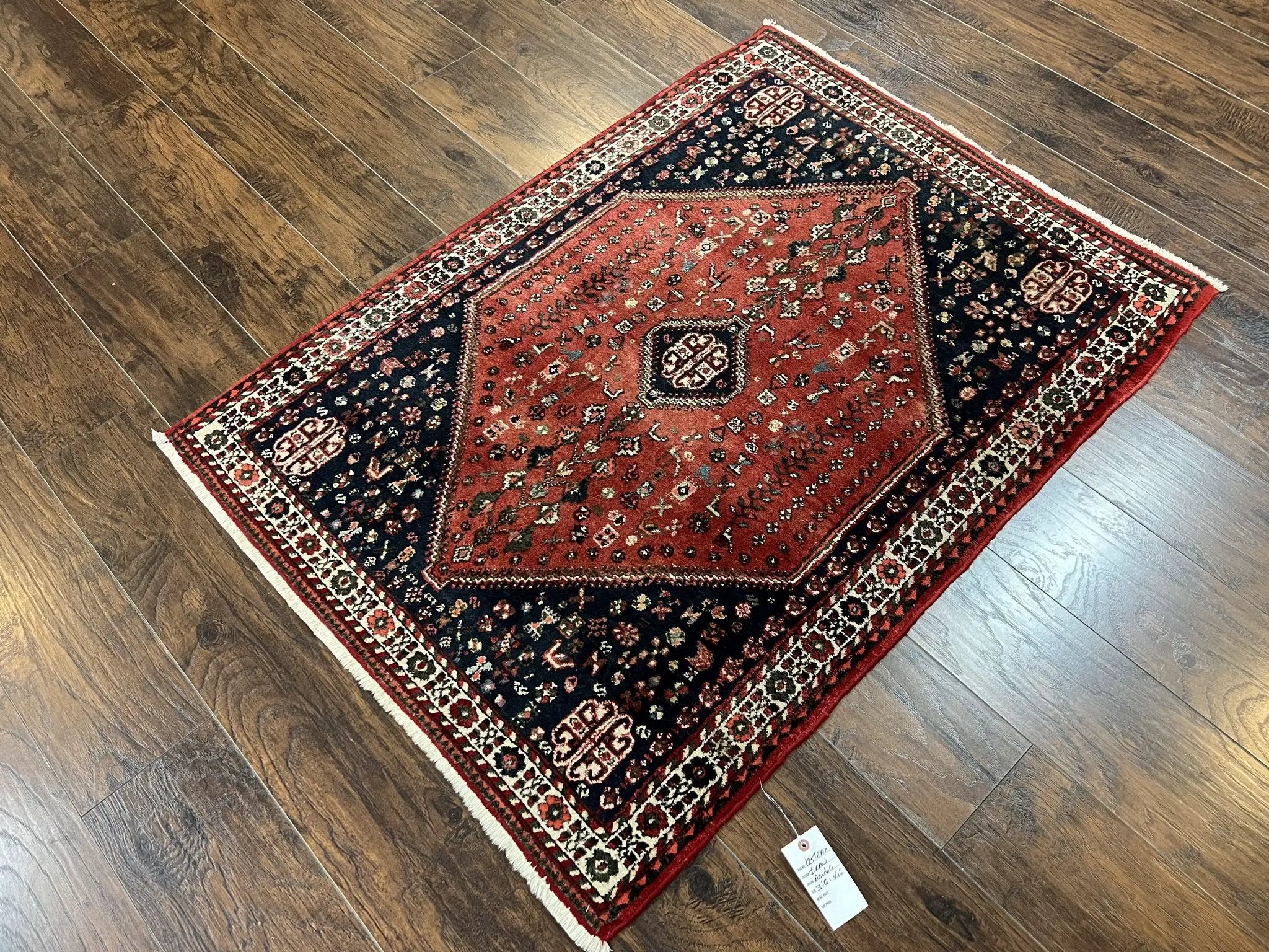 Persian Tribal Rug 3.6 x 5 ft, Persian Abadeh Rug, Geometric Medallion Bird Motifs, Red and Navy Blue Hand Knotted Handmade Wool Vintage Oriental Carpet by Jewel Rugs
