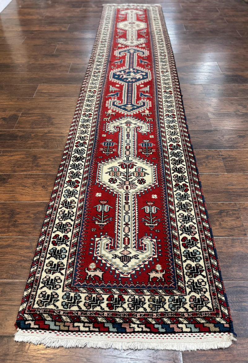 Indo Persian Runner Rug 2.6 x 12, Heriz Geometric Caucasian Design, Animal Pictorials, Tribal Runner Rug, Vintage Handmade Wool Red by Jewel Rugs