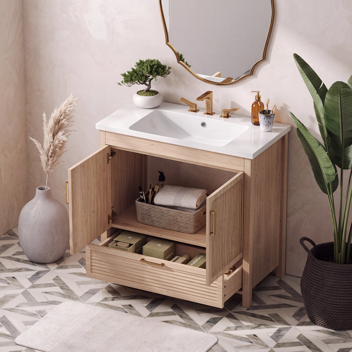 36 Inch Bathroom Vanity with Wave Fluted Panels and Resin Sink - Light Oak, photo 3 of 6