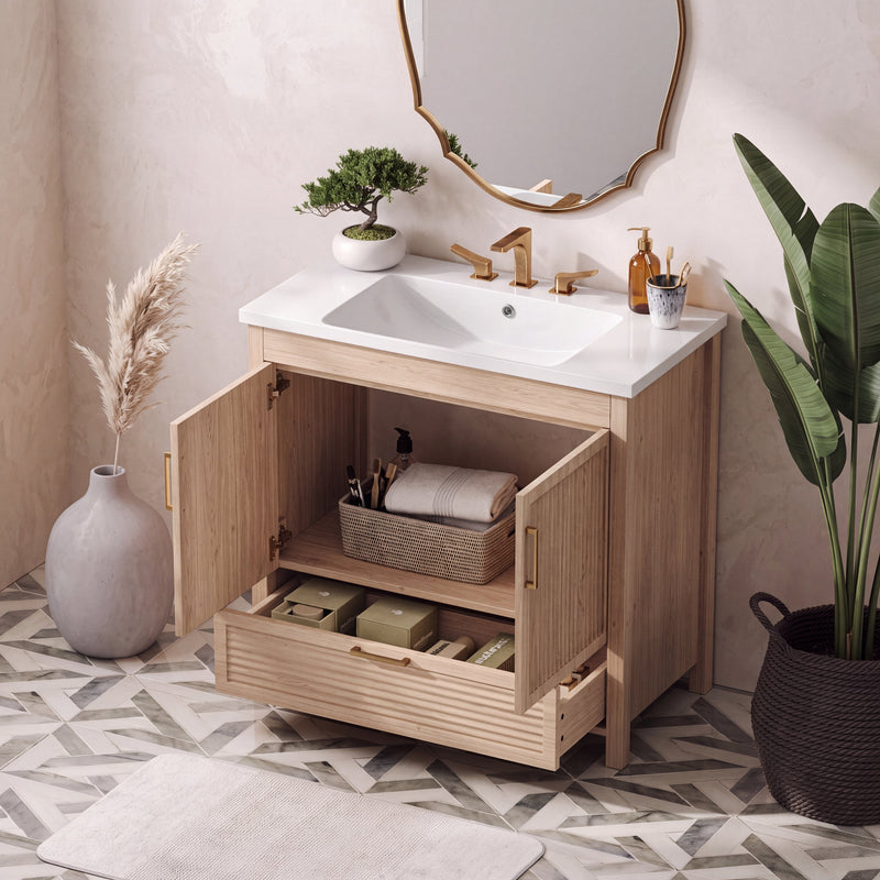 36 Inch Bathroom Vanity with Wave Fluted Panels and Resin Sink - Light Oak, photo 3 of 6