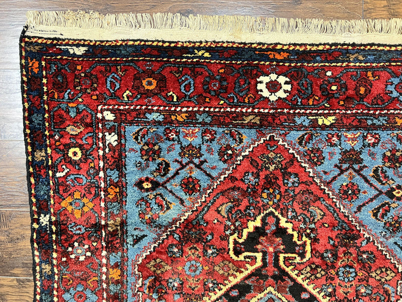 Antique Persian Tribal Rug 4x7, Wool Handmade 1920s Carpet, Red Blue, Persian Hamadan Rug by Jewel Rugs