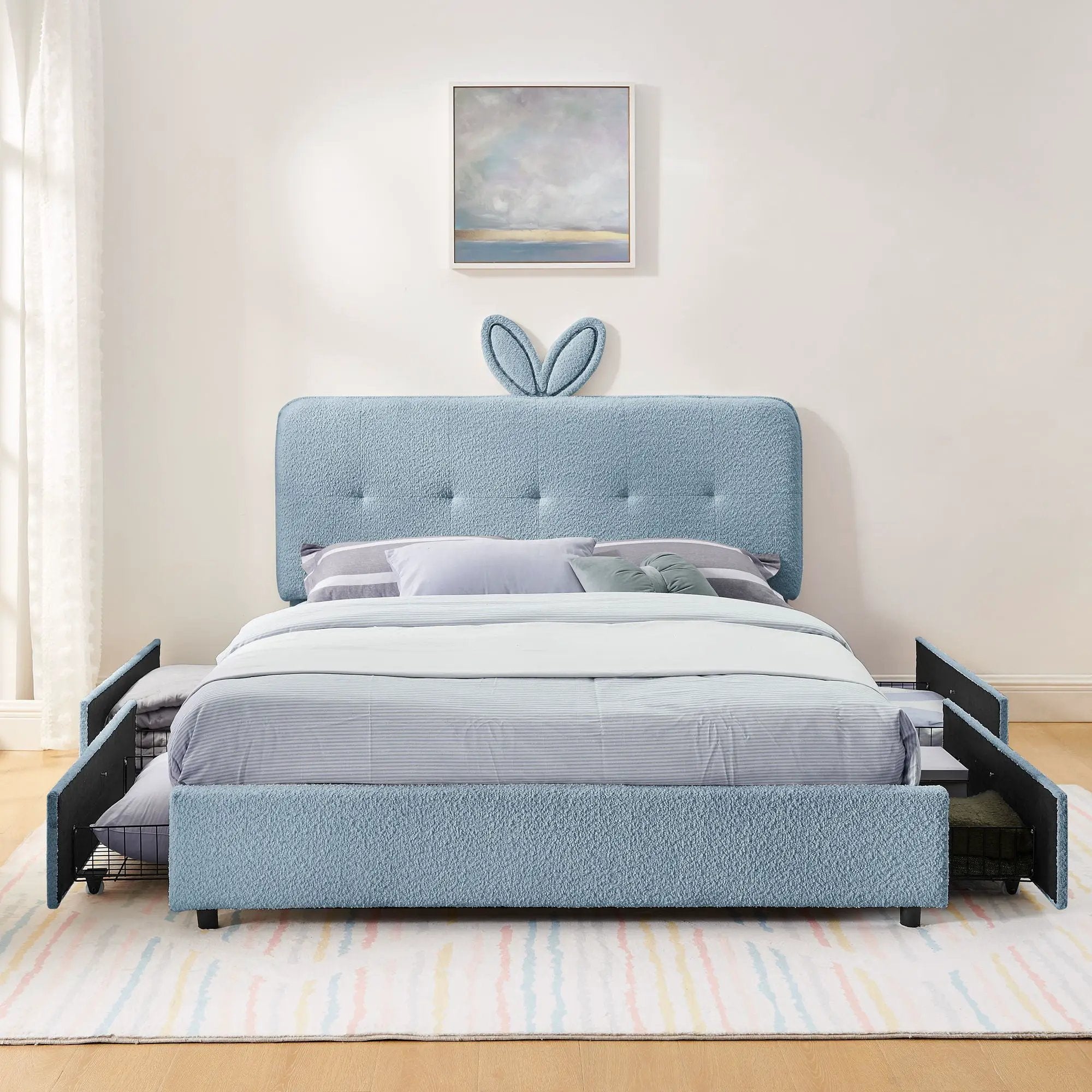 Upholstered Bed With Oversized Rabbit Ear Headboard, LED Lights & 4 Storage Drawers by Unique Piece Furniture