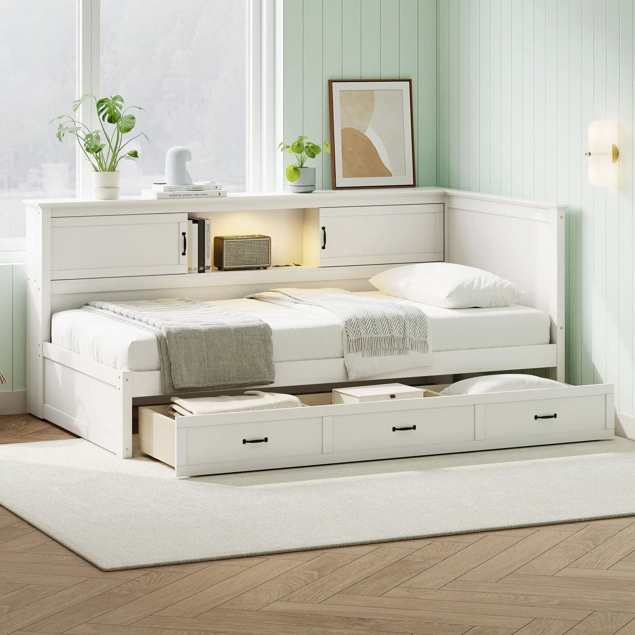 Twin Size L - Shaped Captain Bed With Drawer And Bookcase, LED Downlight And USB Charging Station - White by HouseOfZazla