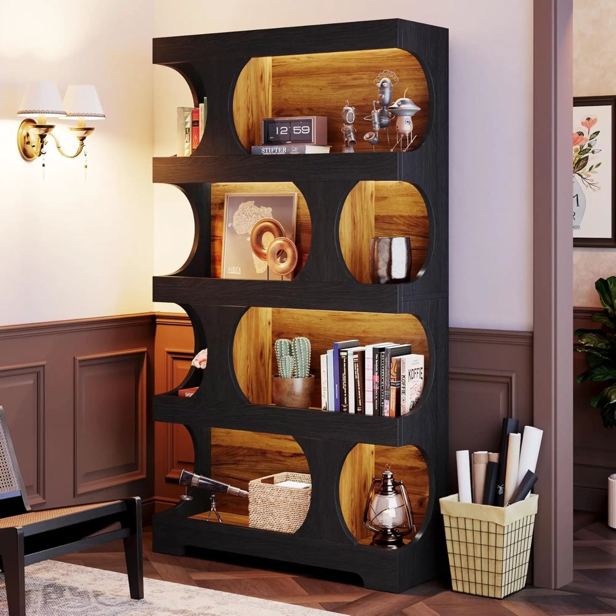 4 Tier S-Shaped Freestanding Storage Shelf For Living Room - Black / Brown by HouseOfZazla