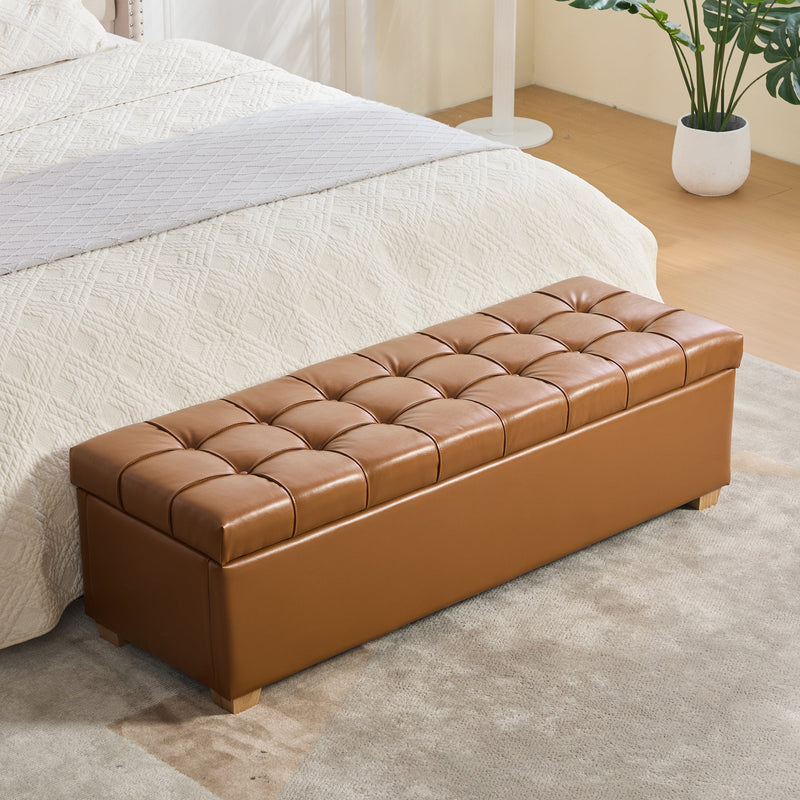 60.2'' Wide Upholstered PU Storage End of Bed Bench, Tufted Flip-Top Accent Window Bench Footrest Stool Ottoman with Legs for Living Room, Bedroom, Entryway, Dining Room, Dorm, Corner, Burnt, photo 2 of 9